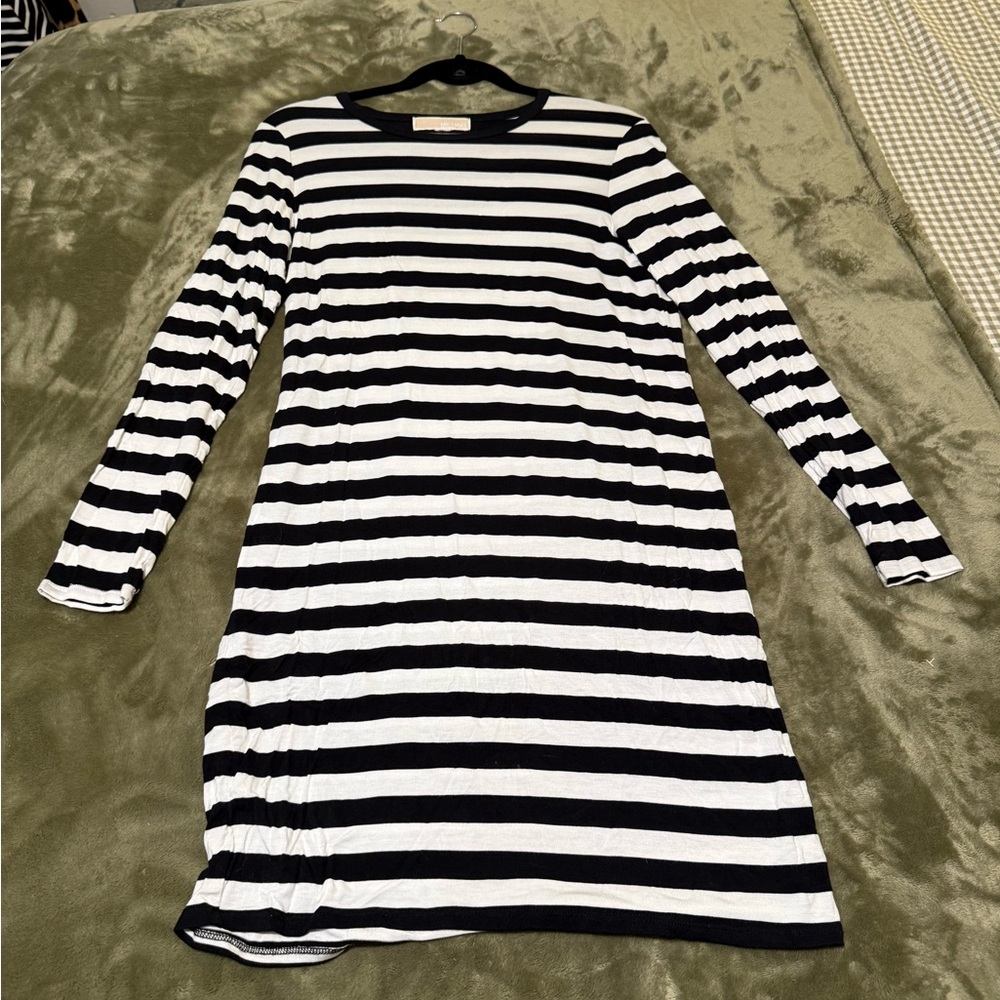 Michael Kors Women’s Black and White Striped Long Sleeve Dress